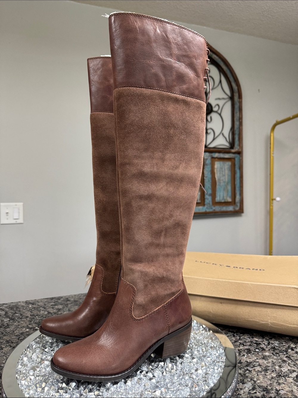 Lucky Brand leather Women's Two-Tone Brown Over-the-Knee Leather & Suede Boots